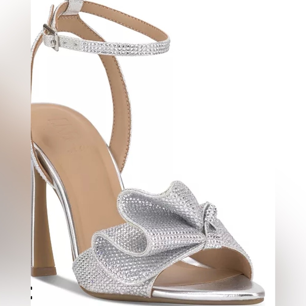 New INC International Concepts Silver Rhinestone Ruffle Ankle-Strap Heels Sz 11